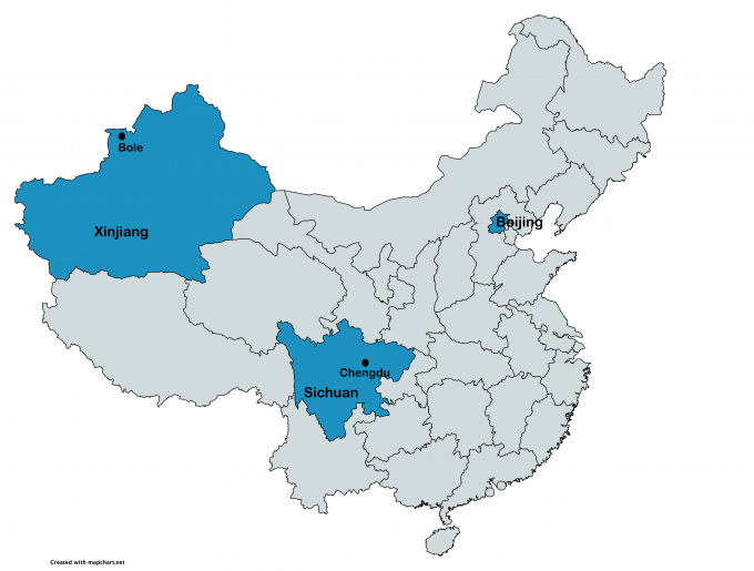 Map of China showing Bole, Chengdu and Beijing