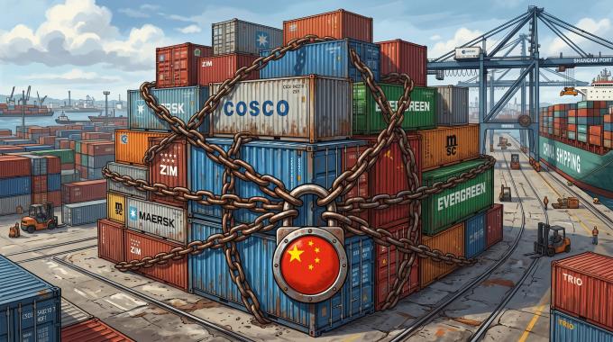 containers chained with a China flag padlock