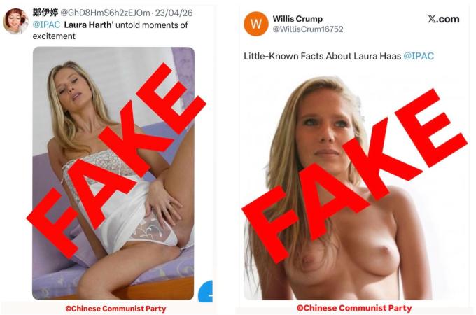 AI-generated fabricated sexualized image of Laura Harth, produced as part of a smear campaign attributed to Chinese state actors. Image marked with a diagonal red "FAKE" watermark and "© Chinese Communist Party" caption.
