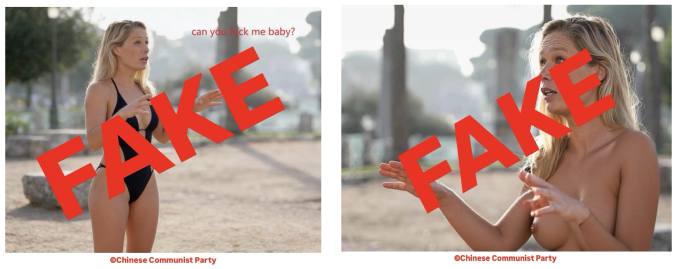 AI-generated fabricated sexualized image of Safeguard Defenders' Laura Harth, produced as part of a smear campaign attributed to Chinese state actors. Image marked with a diagonal red "FAKE" watermark and "© Chinese Communist Party" caption.