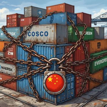 containers chained with a China flag padlock